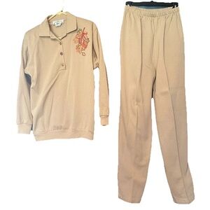 Orvis Women’s Large Shirts & Pants Set Tan Embroidered Fall Leaves Long Sleeve